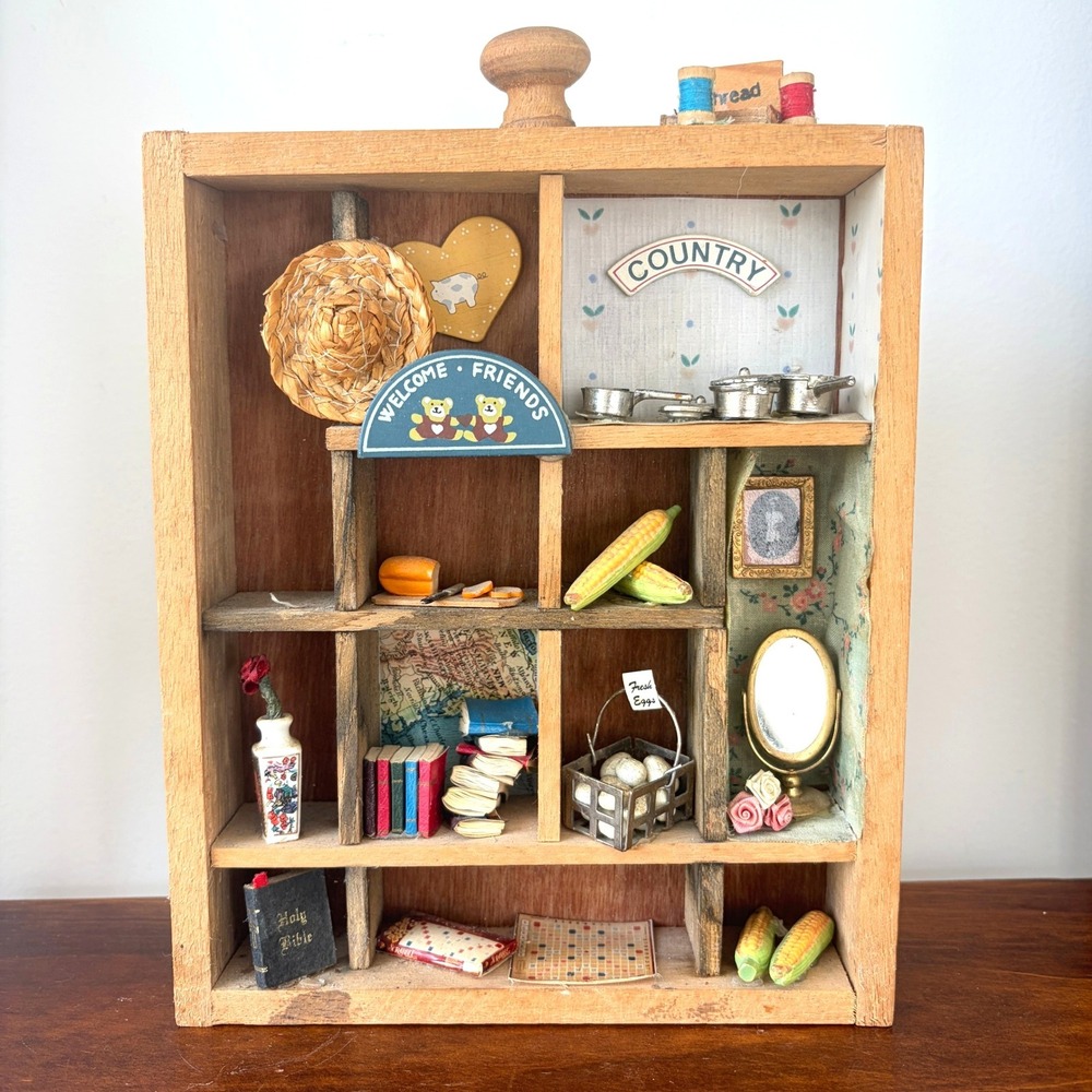 Vintage Wooden Shadow Box Miniature Country Kitchen Diorama Wall Hanging 8.5x7in